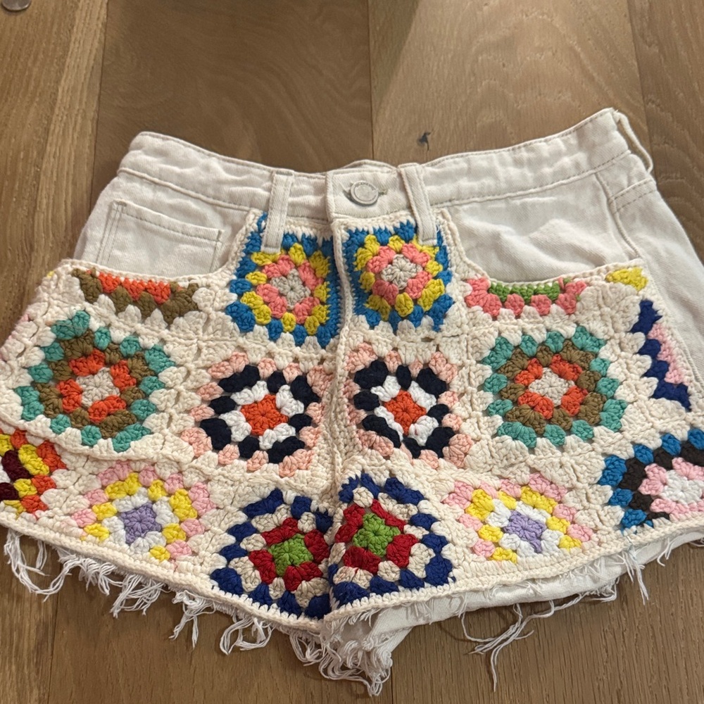 Blank NYC Multicolor Crochet Patchwork Jean Shorts